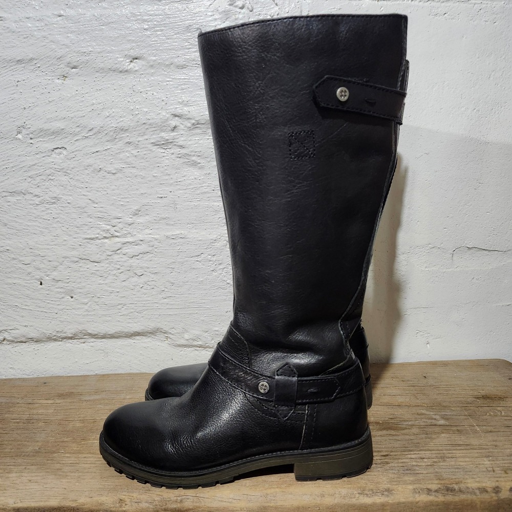 Naturalizer N5 Comfort Black Leather Tall Riding Boots Lug Sole Faux Fur Lining